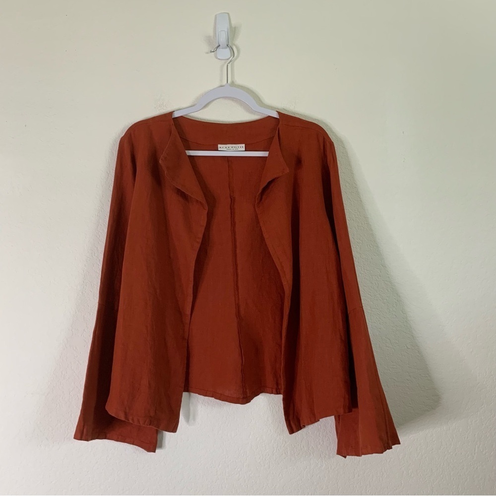 Bryn Walker Womens orange 100% linen bell sleeve open front cardigan S